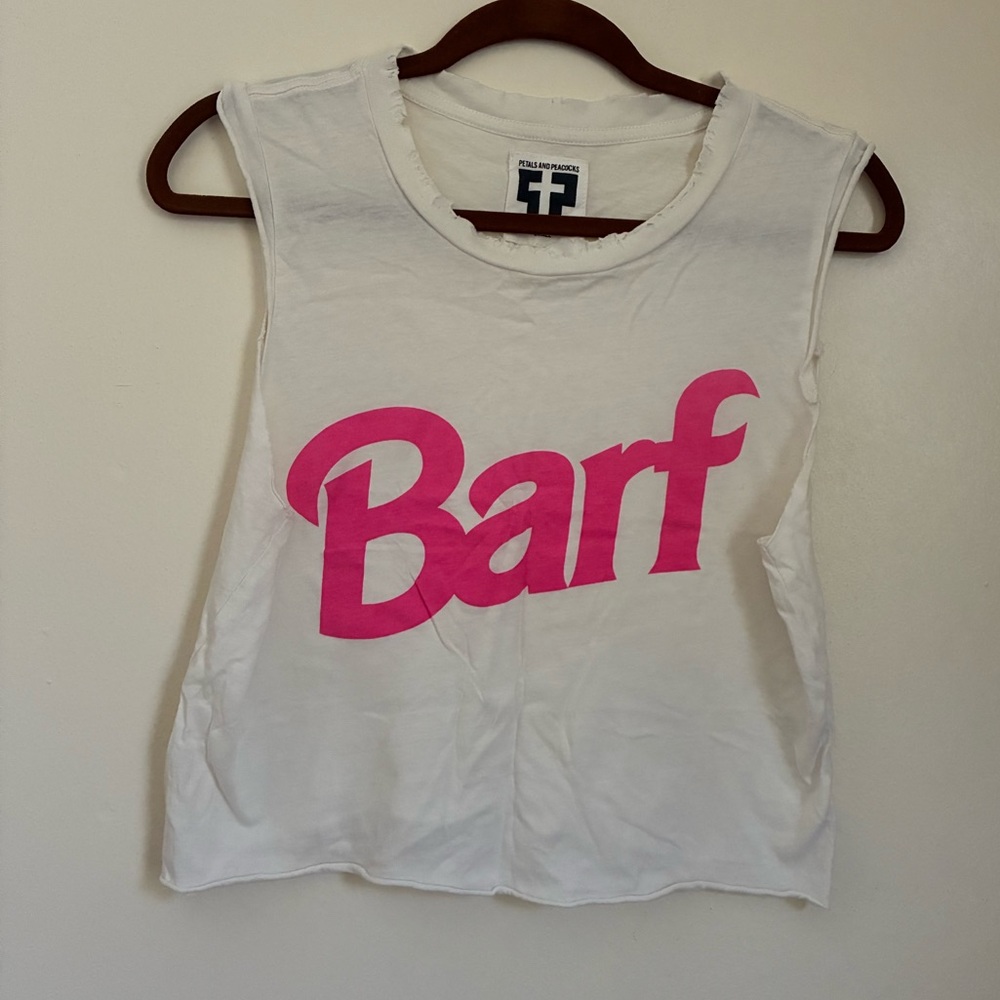 Petals and Peacocks White Tank Top with Barbie Pink letters